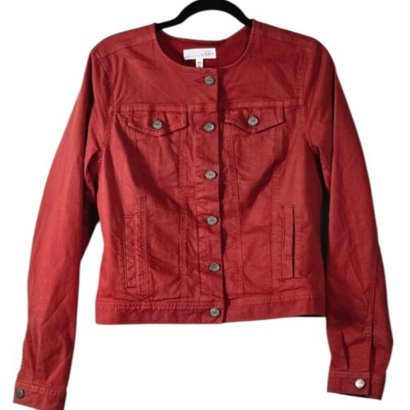 Loft Size Small Jacket Demin Cropped Round Collar Brick Red NWT - Picture 1 of 8